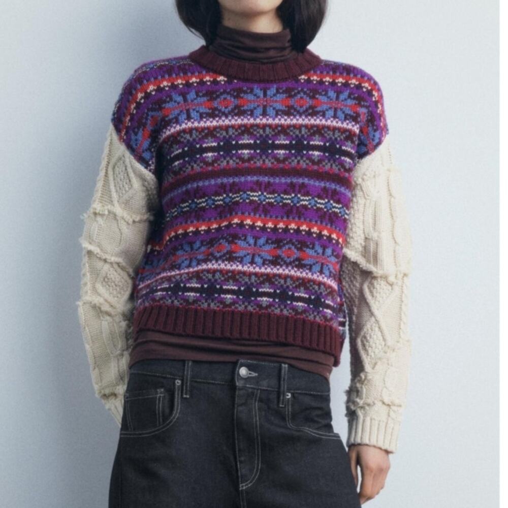 Zara Purple & Beige Geo Print Contrasting Knit Jacquard Oversized Sweater Small